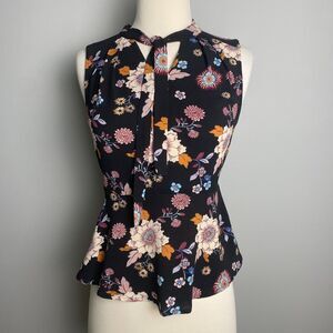 MONTEAU Floral Print Peplum Blouse with Keyhole and Tie-Neck Detail, Size S
